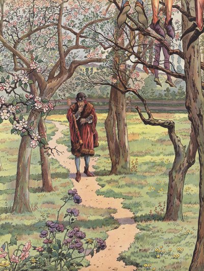 Luigi XI di Francia che cammina in un frutteto in primavera con i corpi degli impiccati sospesi dagli alberi da Onfray de Breville Job